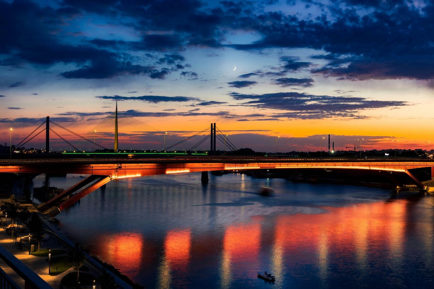 Branko's Bridge over the Sava River in Belgrade at sunset