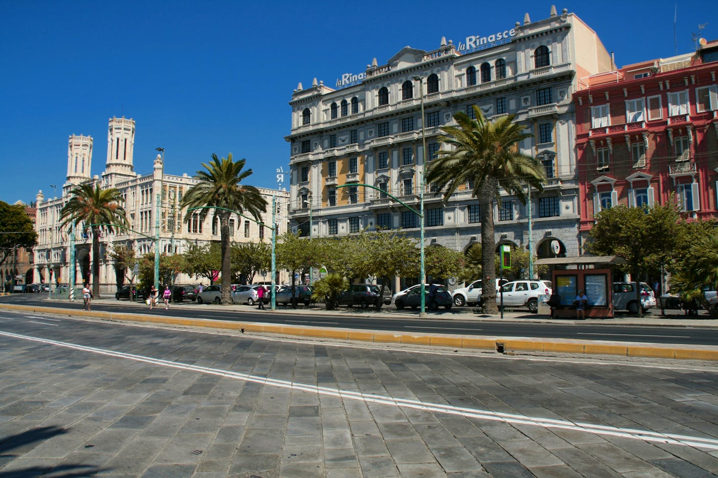 Rue avec des arbres exotiques devant des bâtiments à Cagliari, Italie