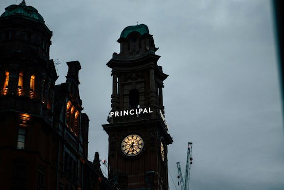 Top of the Kimpton Clocktower in Manchester, UK on a gloomy evening