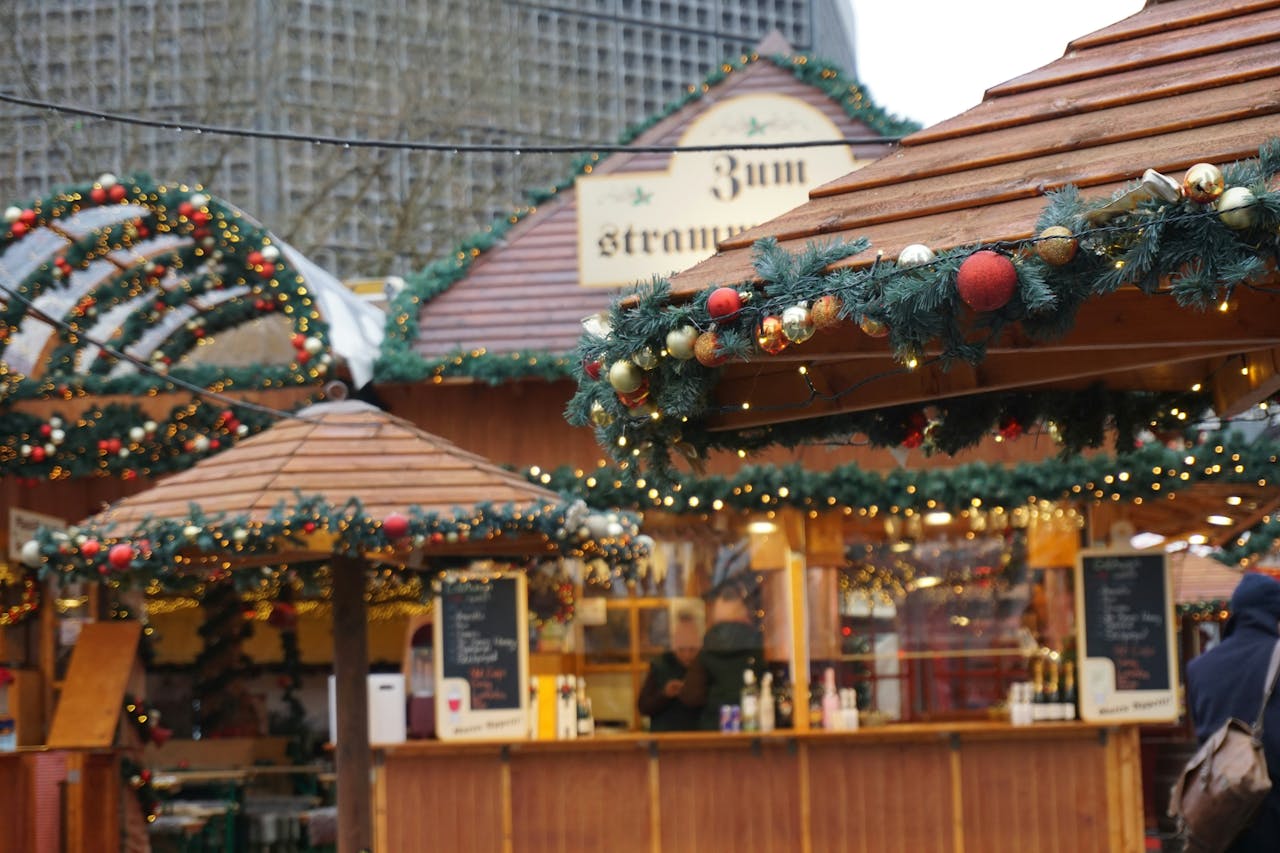 Decorated market stalls at a Christmas market in Germany