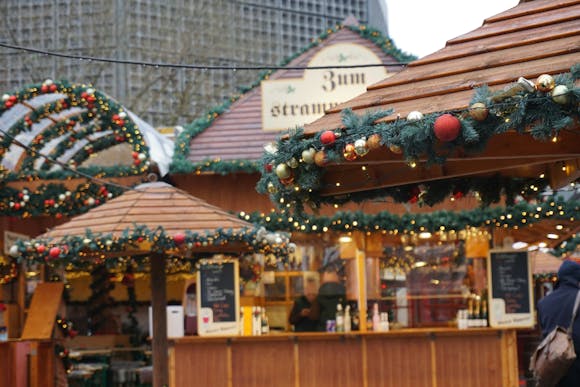 Decorated market stalls at a Christmas market in Germany