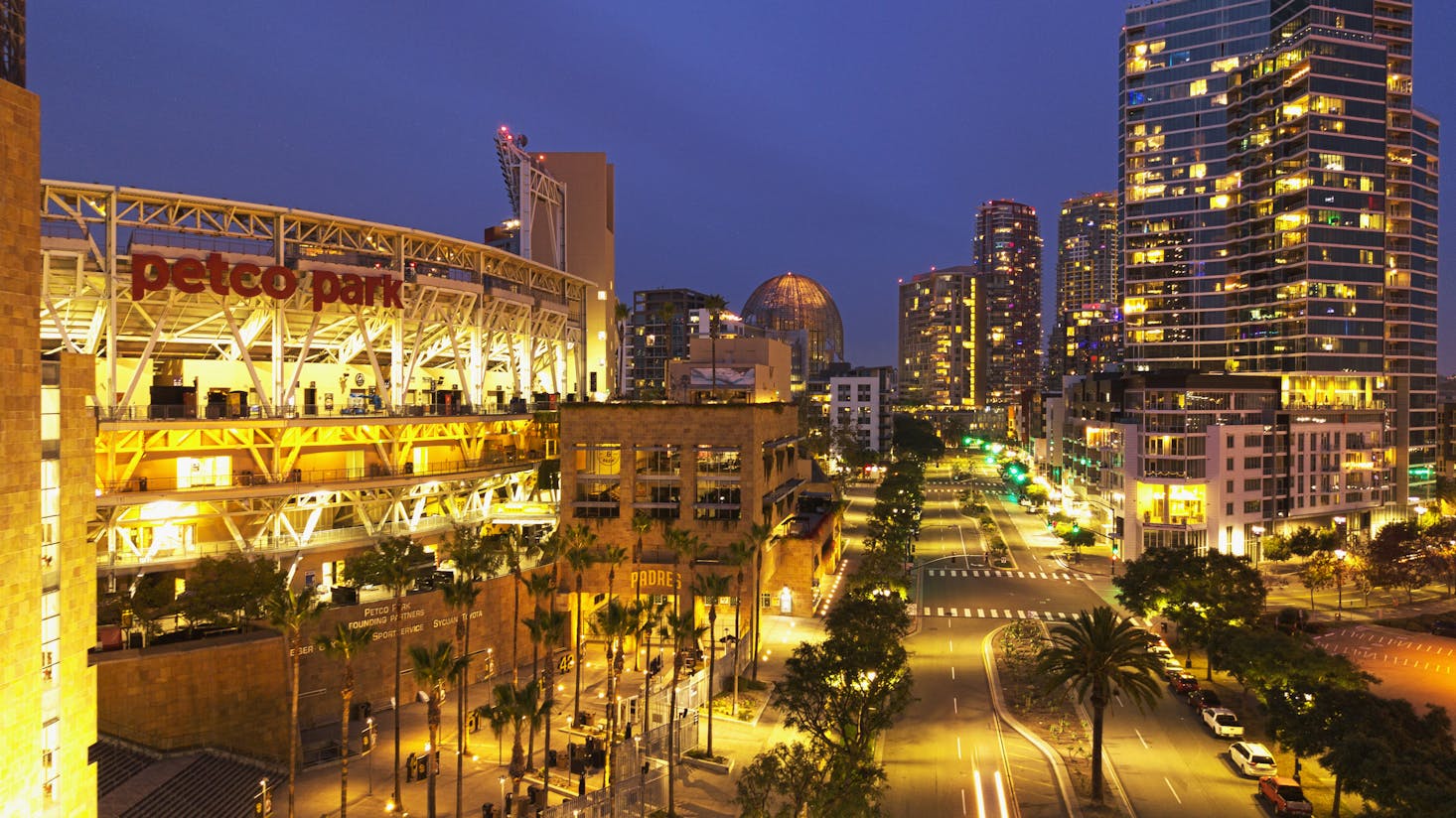 Petco Park lit up at night in San Diego