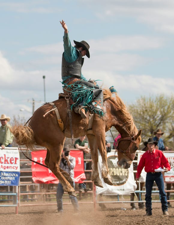 Rodeo rider in mid-air on a bucking bronco, wearing a cowboy hat and protective vest, with spectators watching 