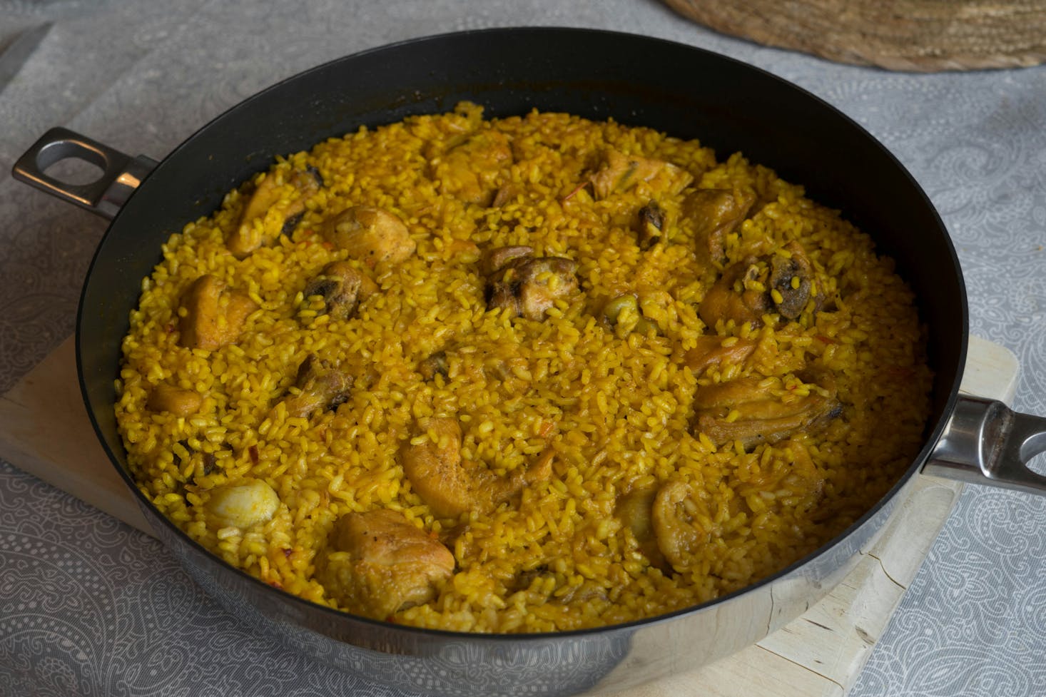 A frying pan full of paella in Valencia