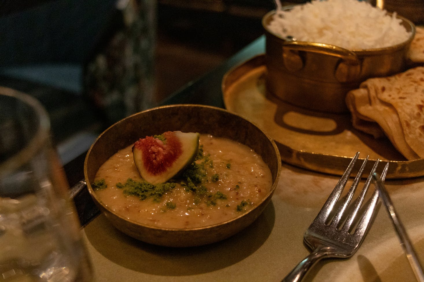 A curry meal in London in the evening