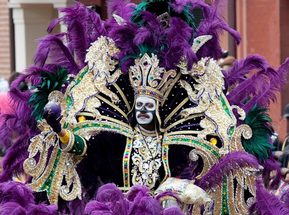 Mardi Gras king dressed in an elaborate costume with vibrant purple, green, and gold colors, celebrating in New Orleans