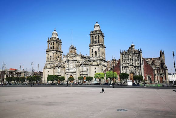 Morning view of Mexico City’s Centro Histórico with the Metropolitan Cathedral, small trees, and an empty plaza