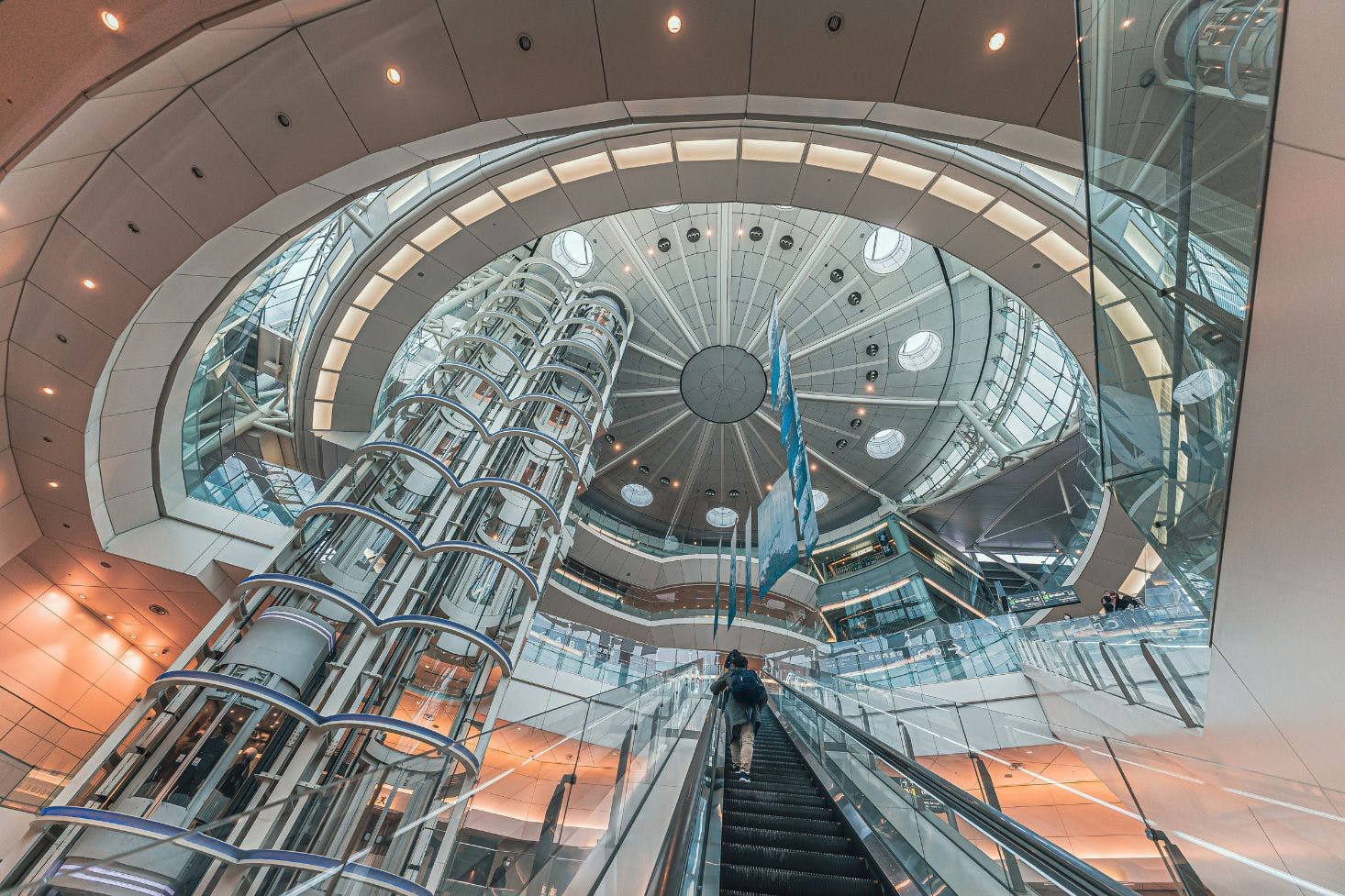 A passenger on an escalator in Tokyo's futuristic Haneda Airport, surrounded by glass, metal, and a domed ceiling