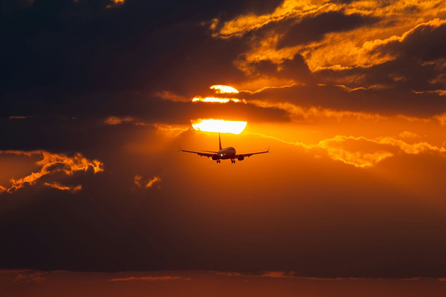 A plane taking off at golden sunset from Chopin Airport, Warsaw