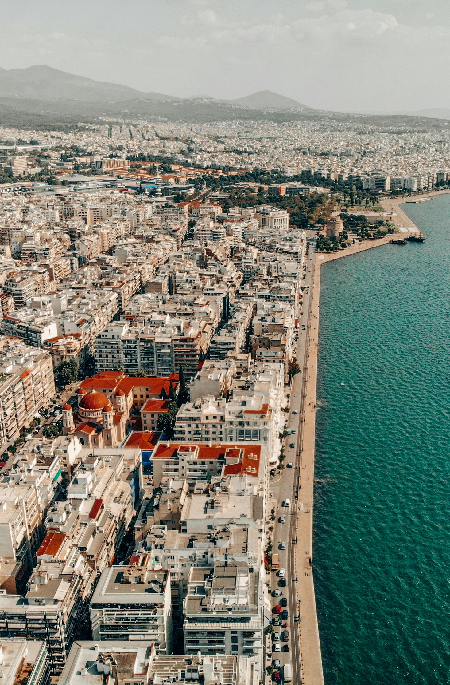 Aerial view of the coastline in Thessaloniki, Greece