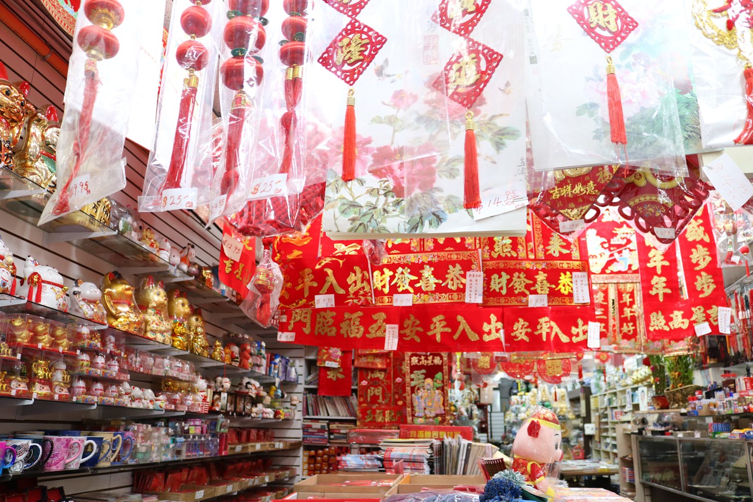Chinatown shopping in Philadelphia with many ornate red lanterns
