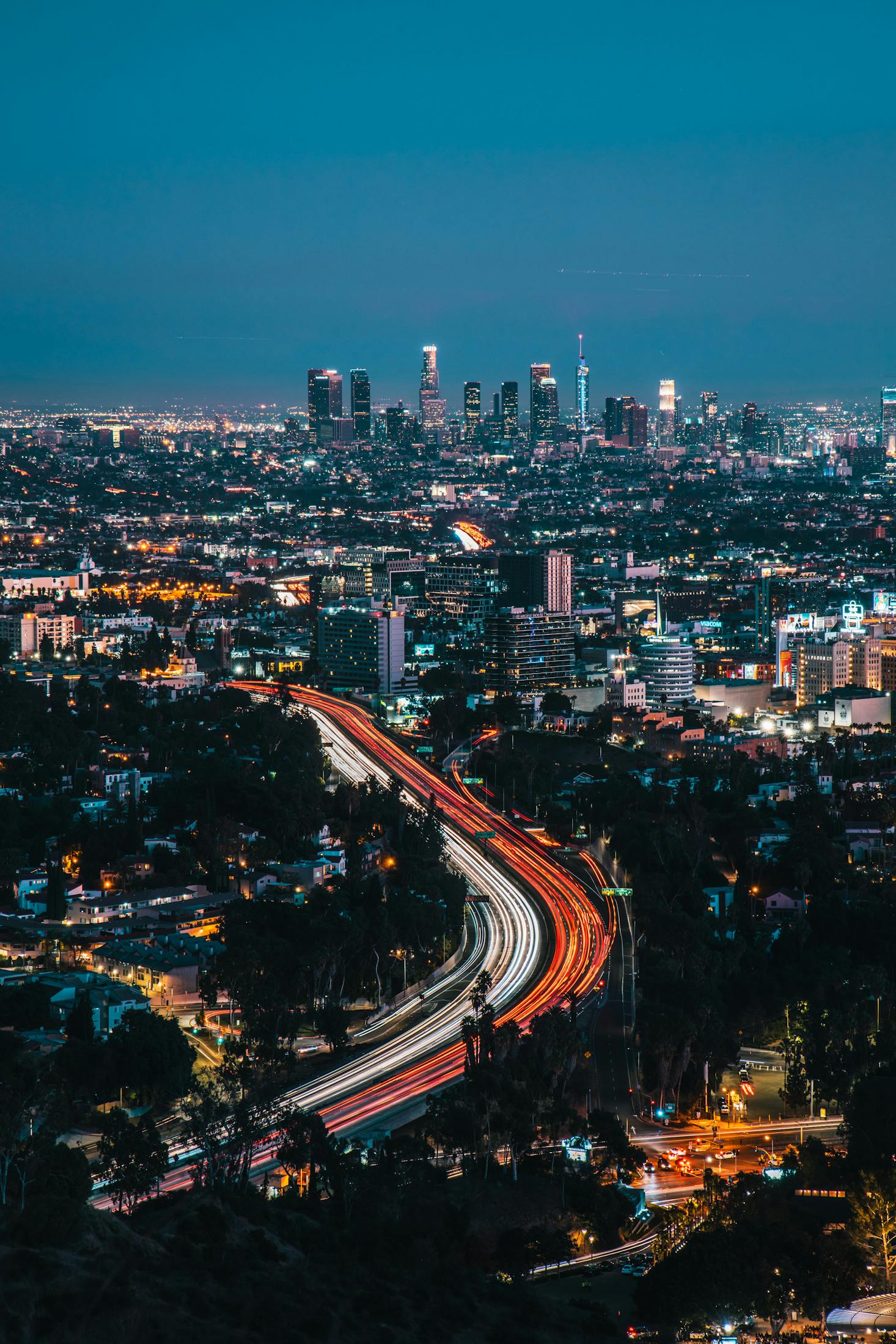 Evening view of downtown LA with available luggage storage nearby