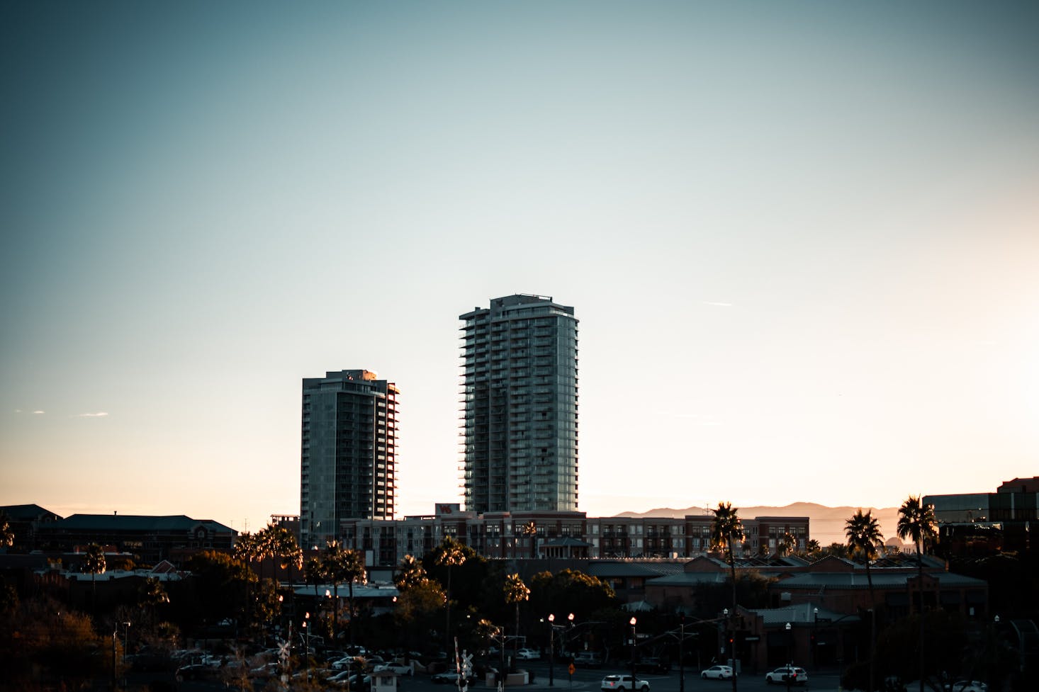 Two tall buildings in silhouette in Phoenix, Arizona