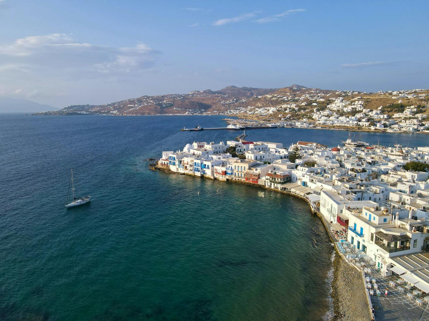 Aerial coastal view of the Mykonos New Port in Greece