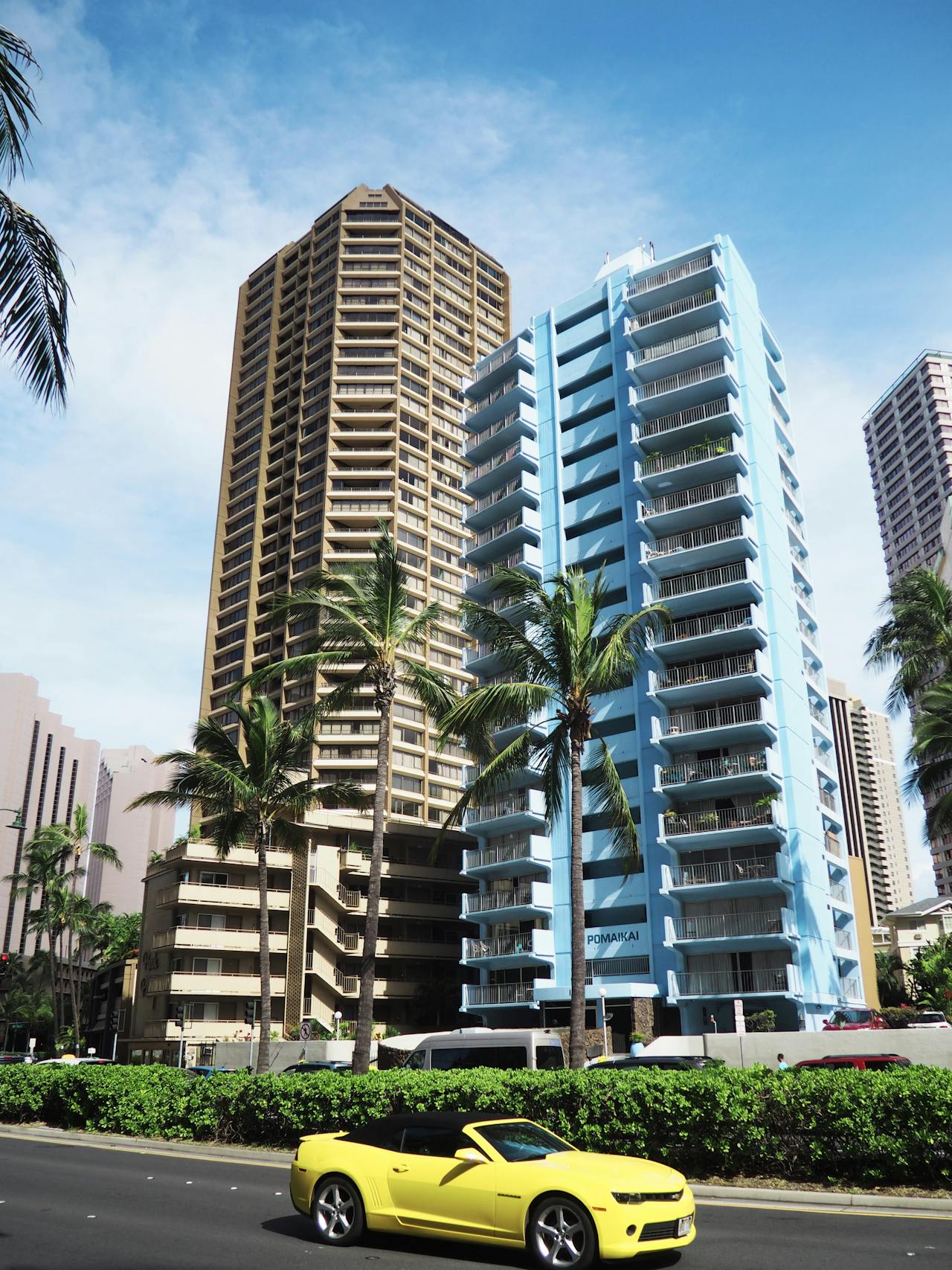 Tall buildings on a sunny day in Waikiki, Honolulu