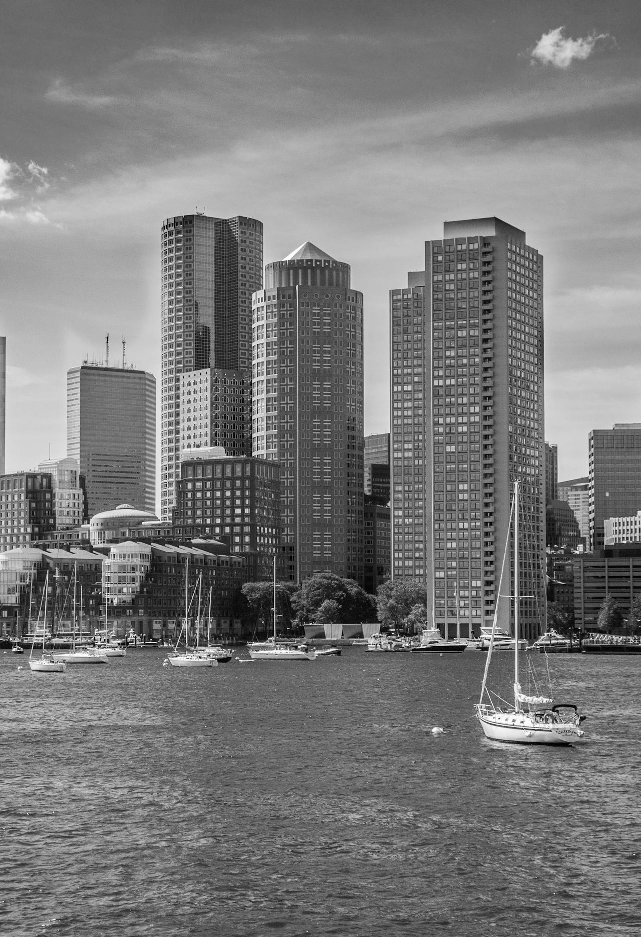 Downtown Boston view from the water with nearby luggage storage locations