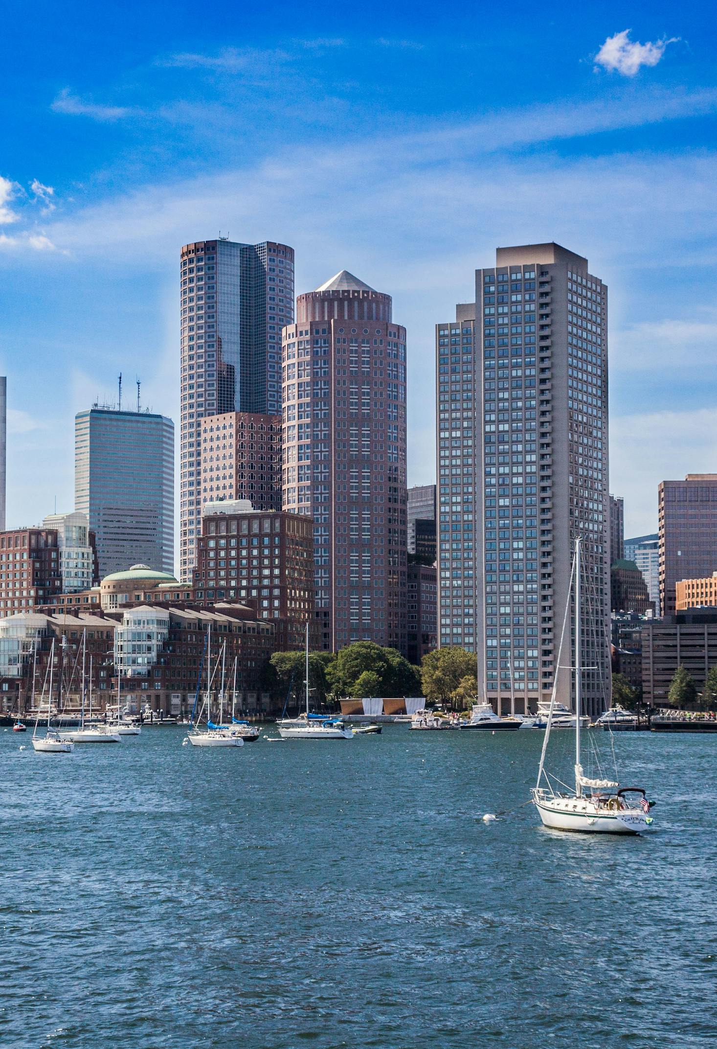 Downtown Boston view from the water with nearby luggage storage locations