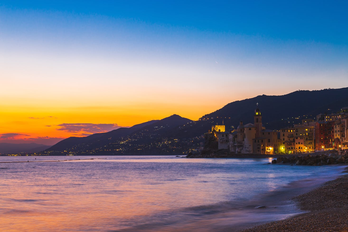 Camogli beach near Genoa at sunset