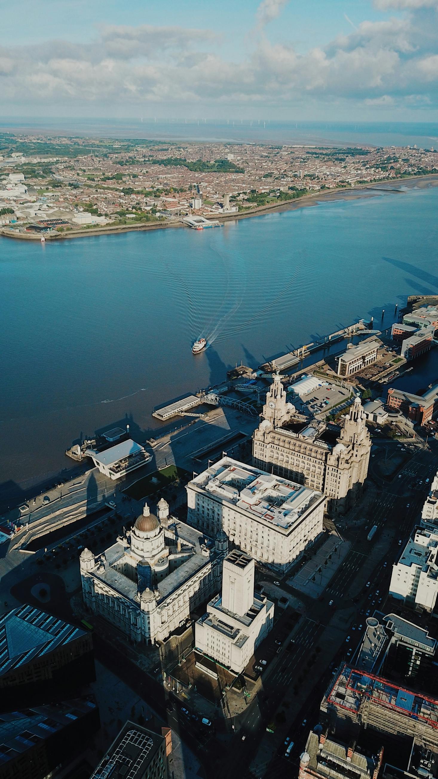 Architecturally interesting buildings overlook the Mersey River in Liverpool