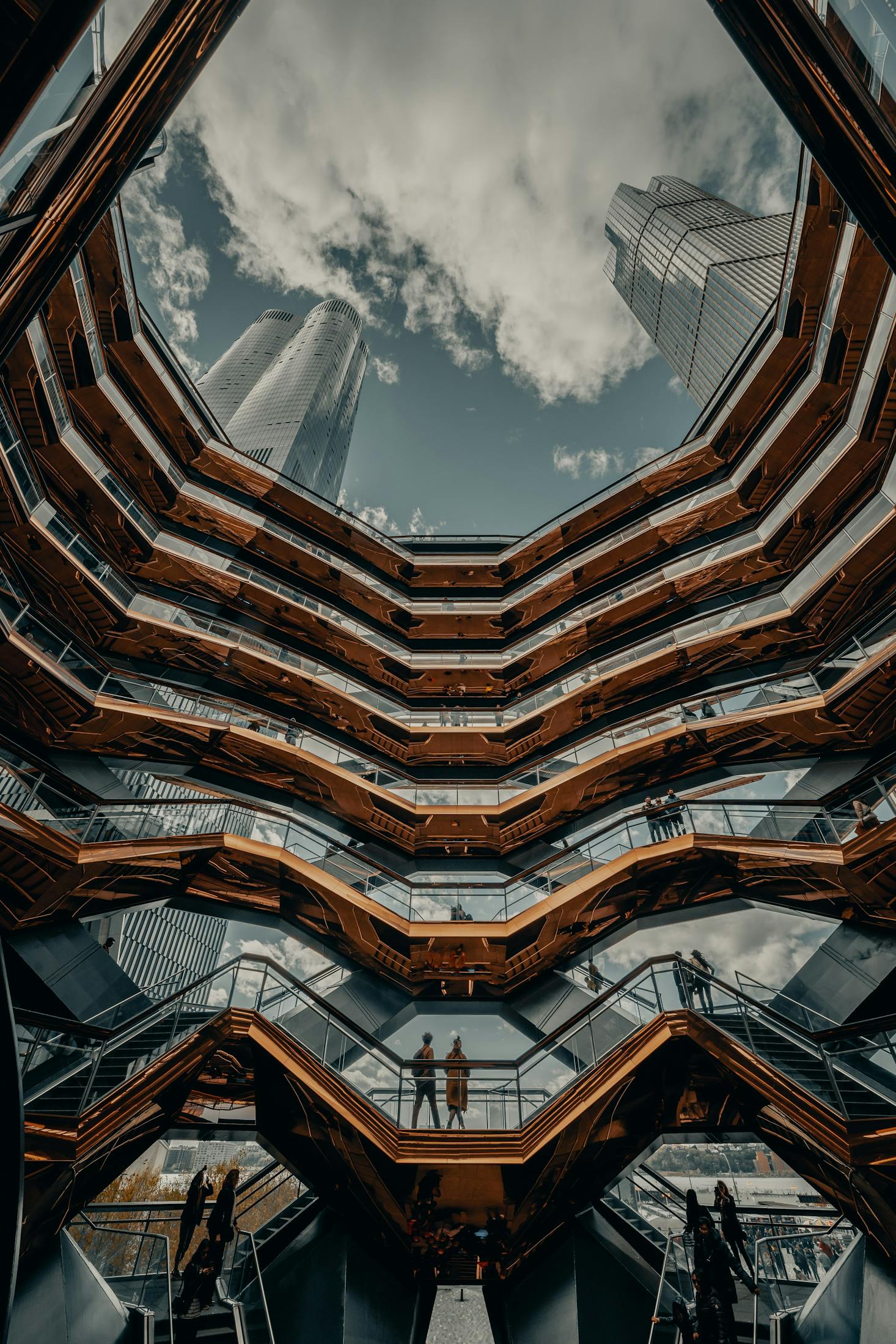 The Vessel circular building in Hudson Yards with the roof exposed to the sky