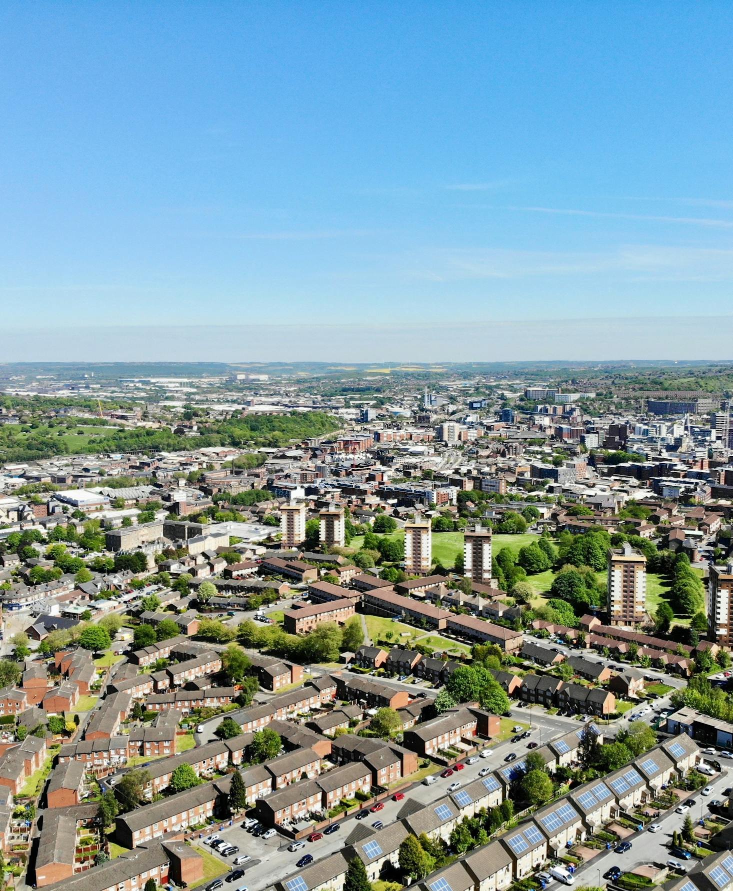 Aerial view of Sheffield, UK, on a sunny day