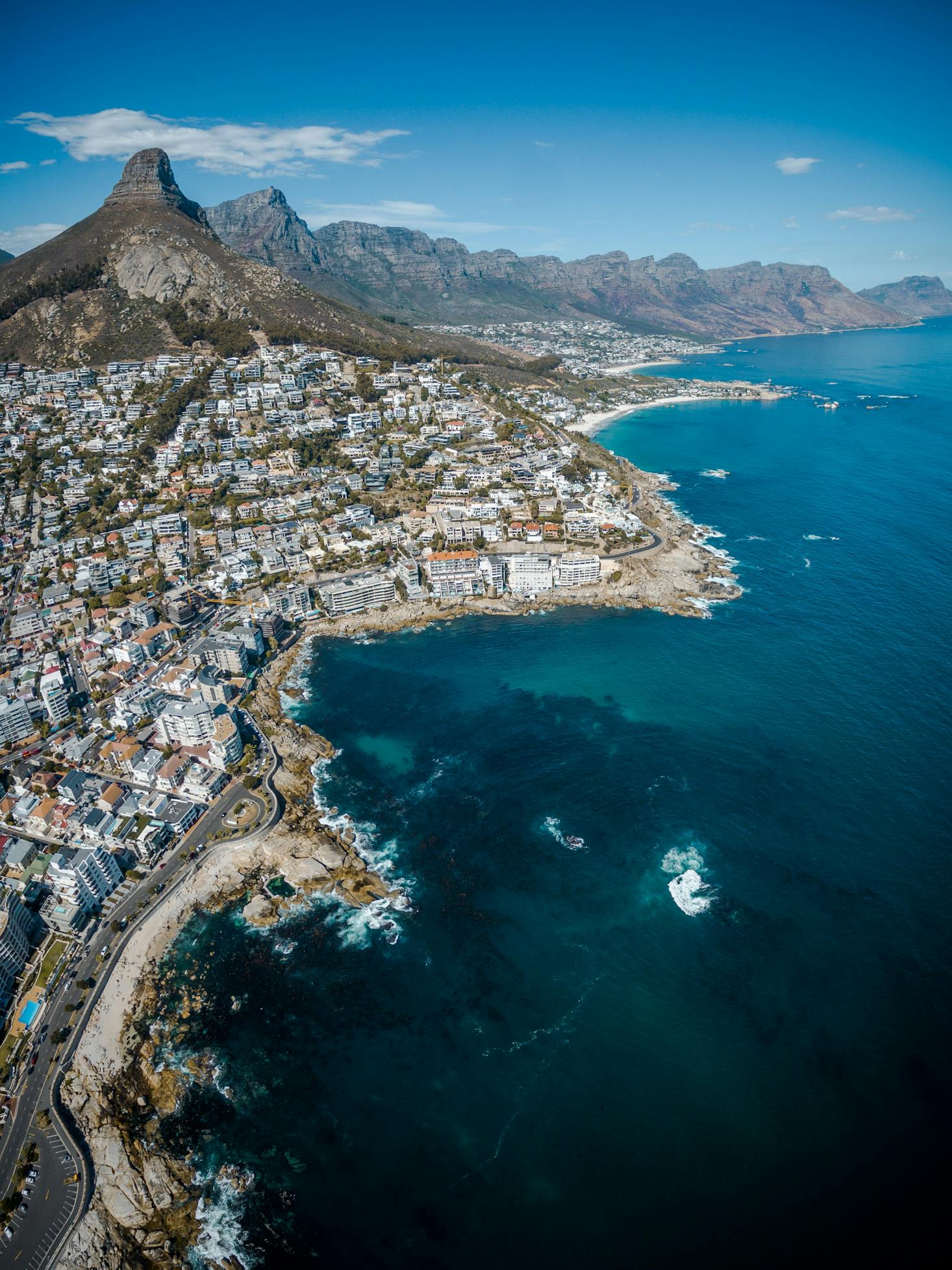 The coastline from above with table Mountain in the background in Cape Town