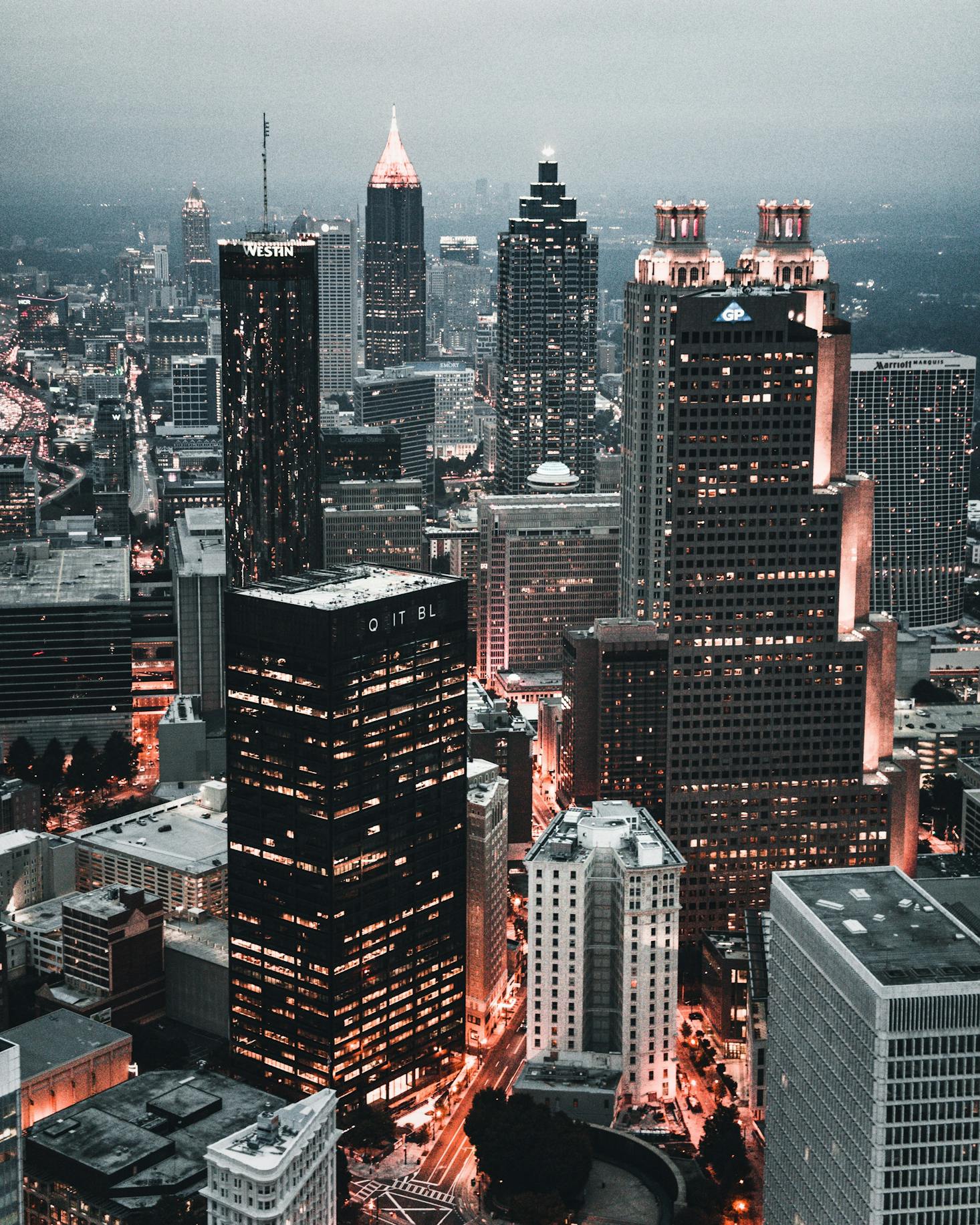 Aerial view of the downtown Atlanta skyline at dusk