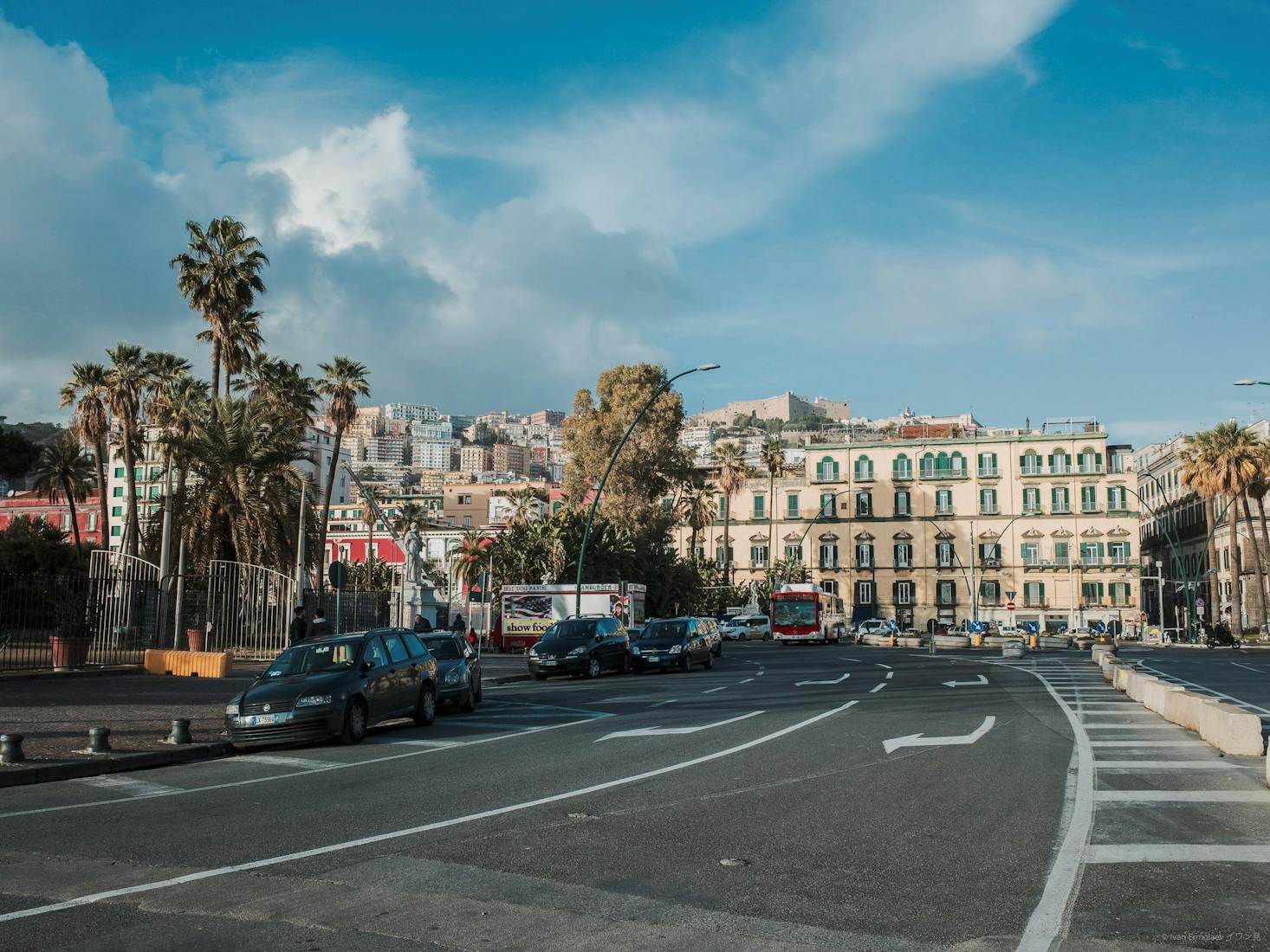 A road without cars on a sunny day in Naples, Italy