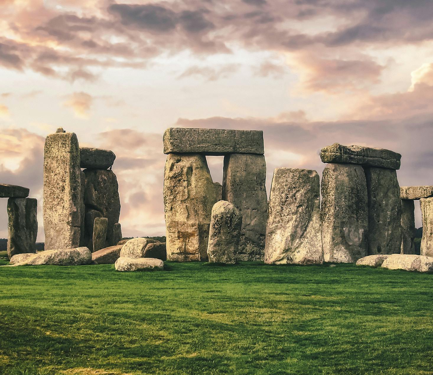 Stone circle of Stonehenge at sunset near Salisbury