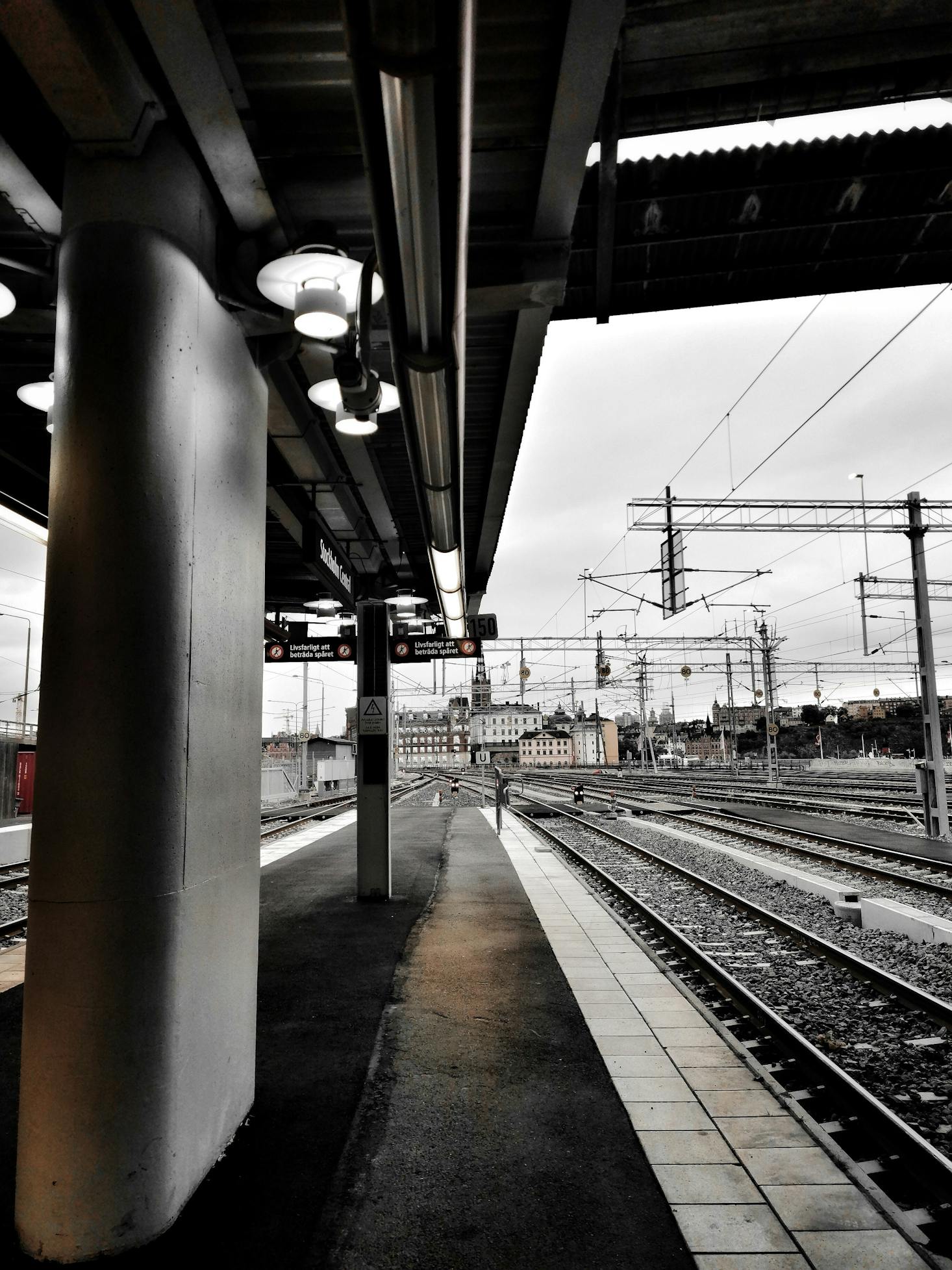 Train platform on a cloudy day at Stockholm Central Station