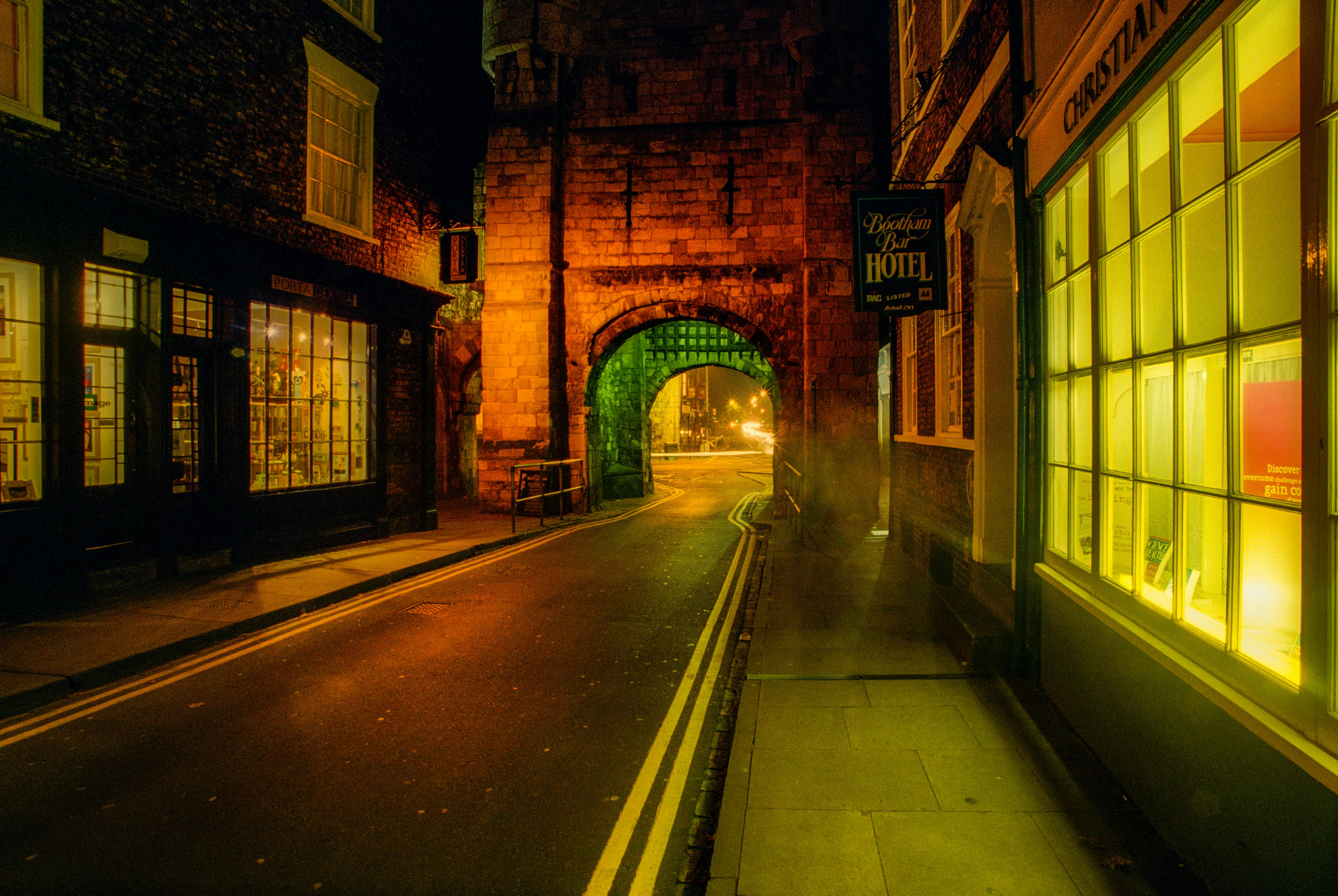 Foggy street in York at night