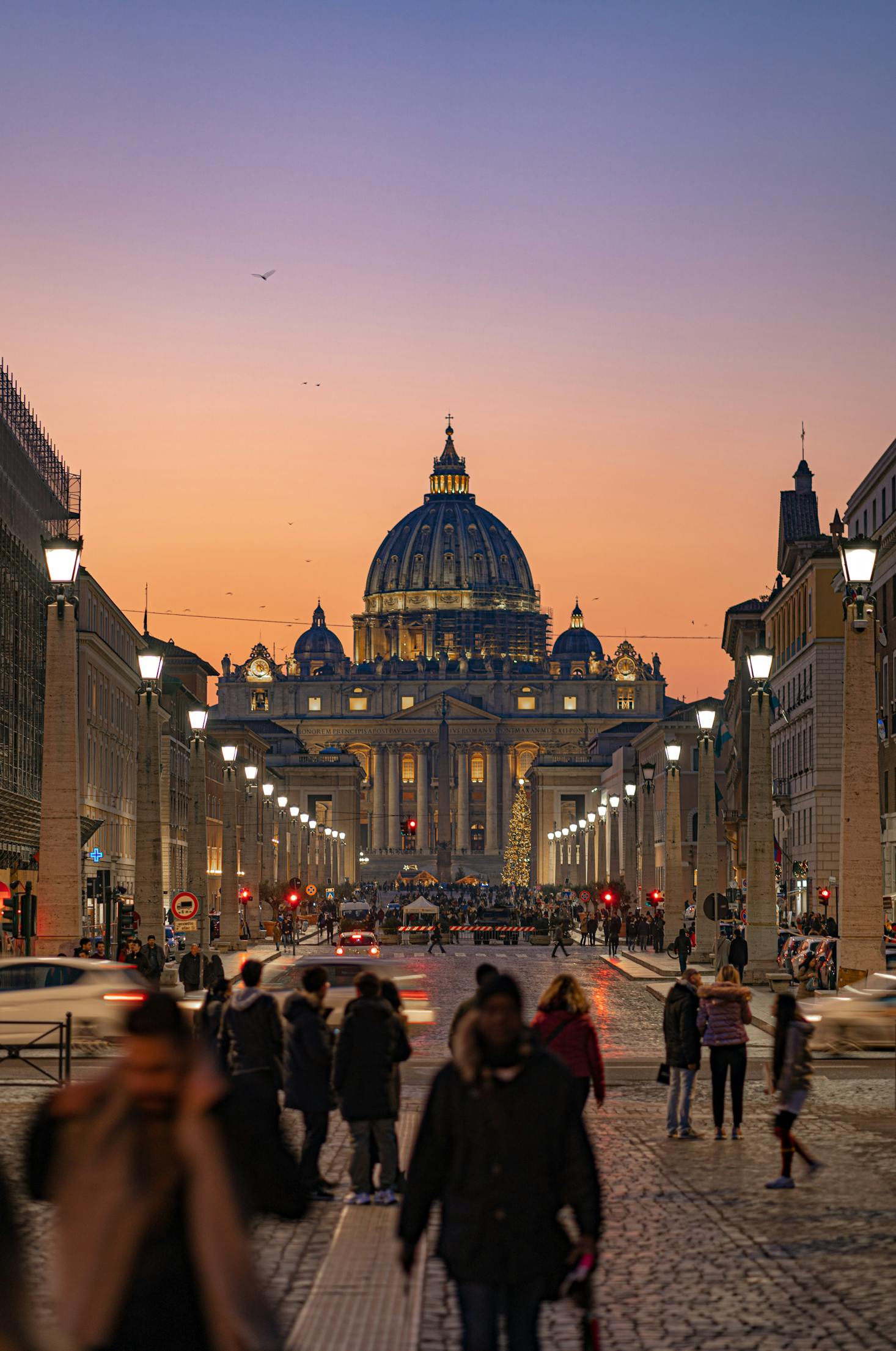 The road leading to St Peter's Cathedral in Vatican City at sunset