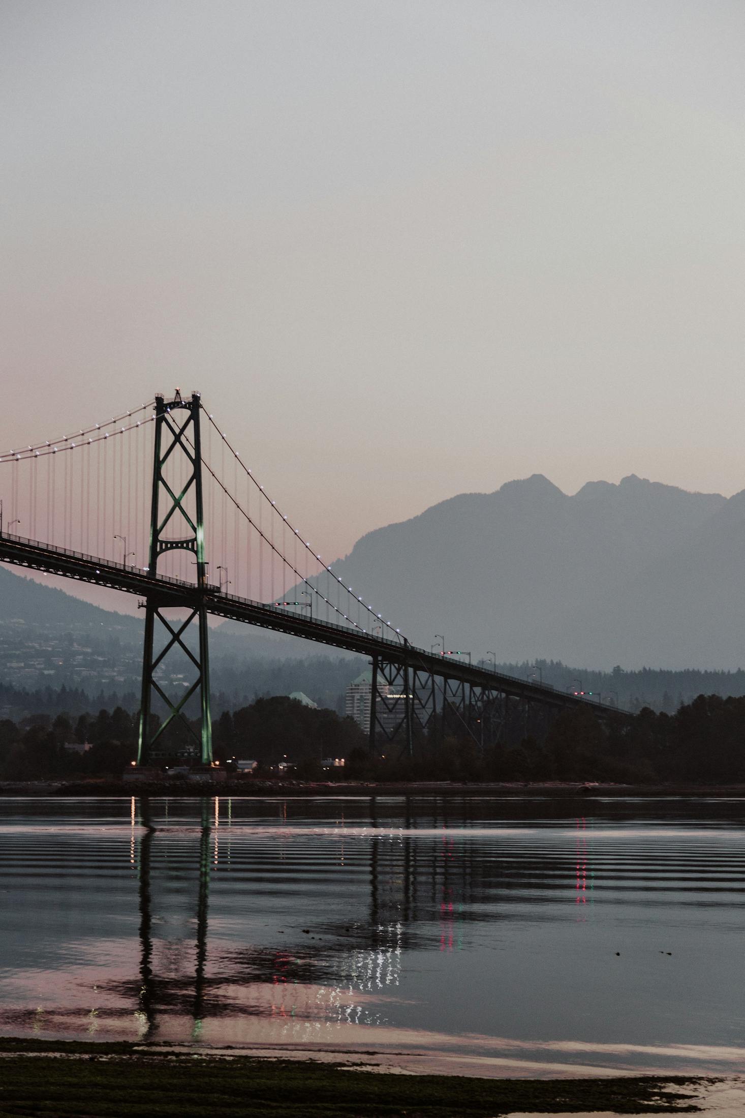 The Lions Gate Bridge in Vancouver, British Columbia spans the Burrard Inlet