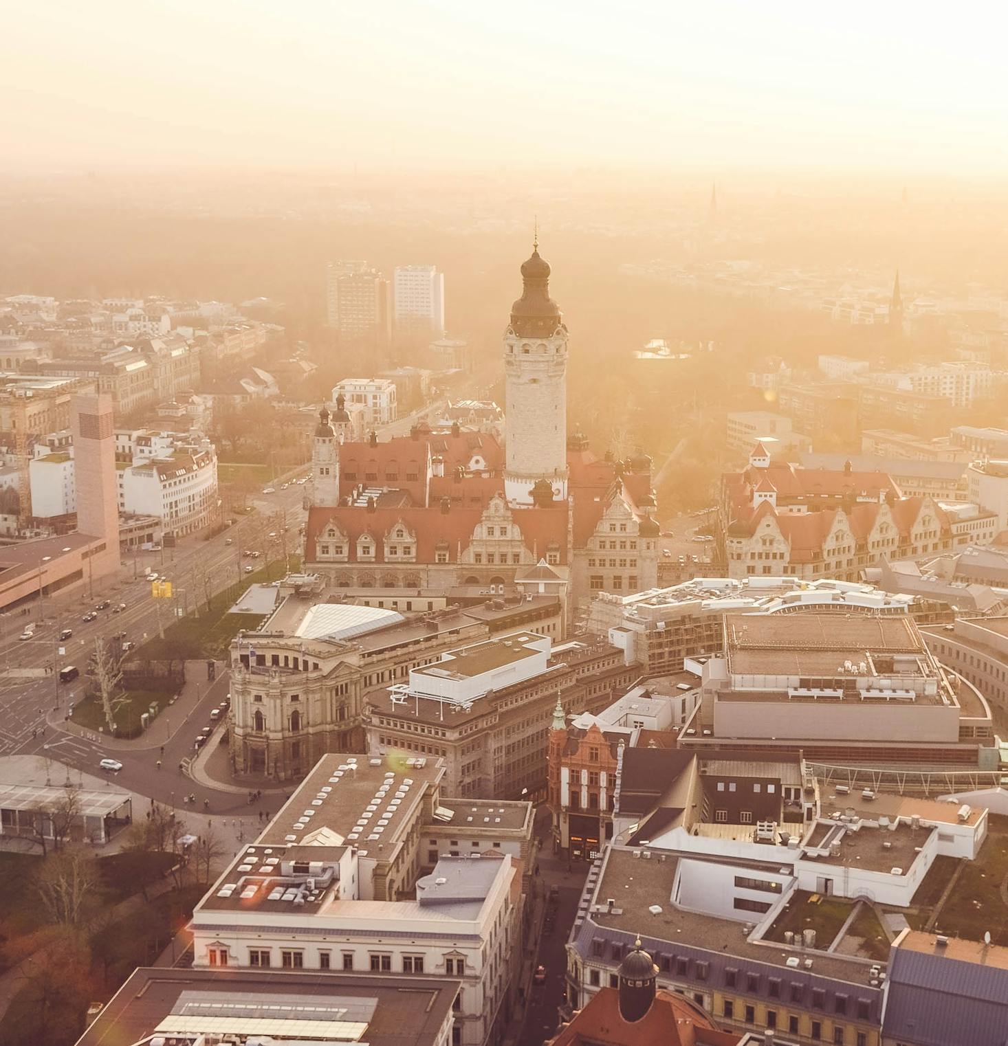 Wide view of Leipzig in golden light