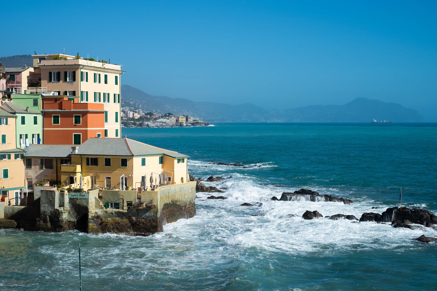 Boccadasse Beach near Genoa with the sea coming right up to the buildings