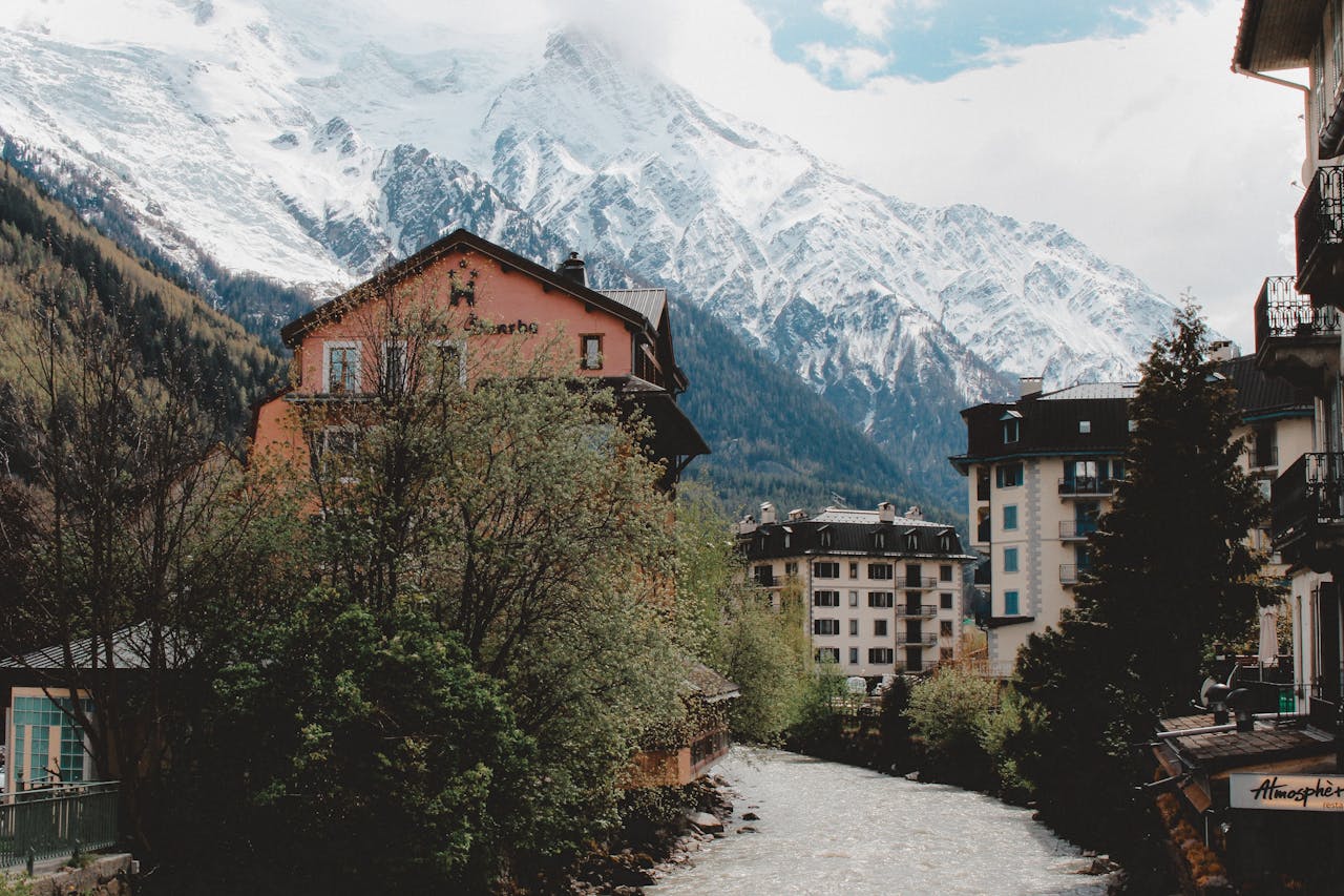 Chalets in Chamonix, France with mountains in the background