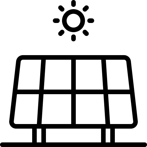Black line art solar panel and sun icon