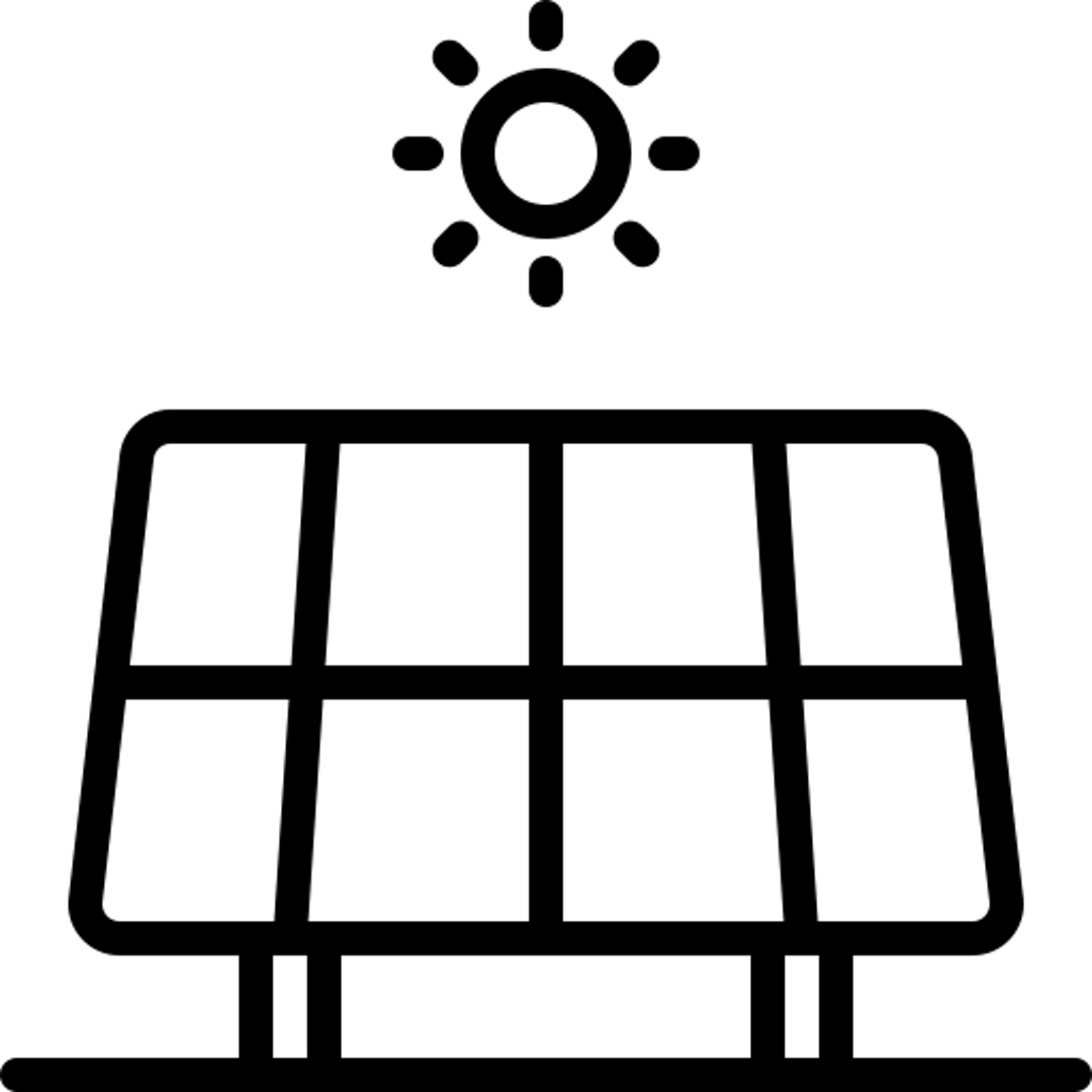 Black line art solar panel and sun icon