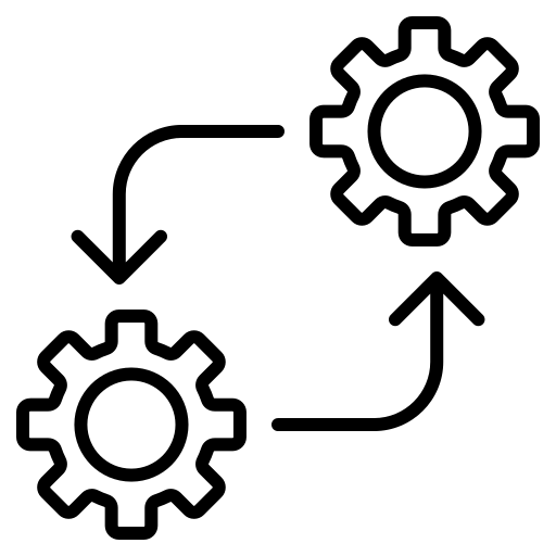 Black line art cogs and arrows