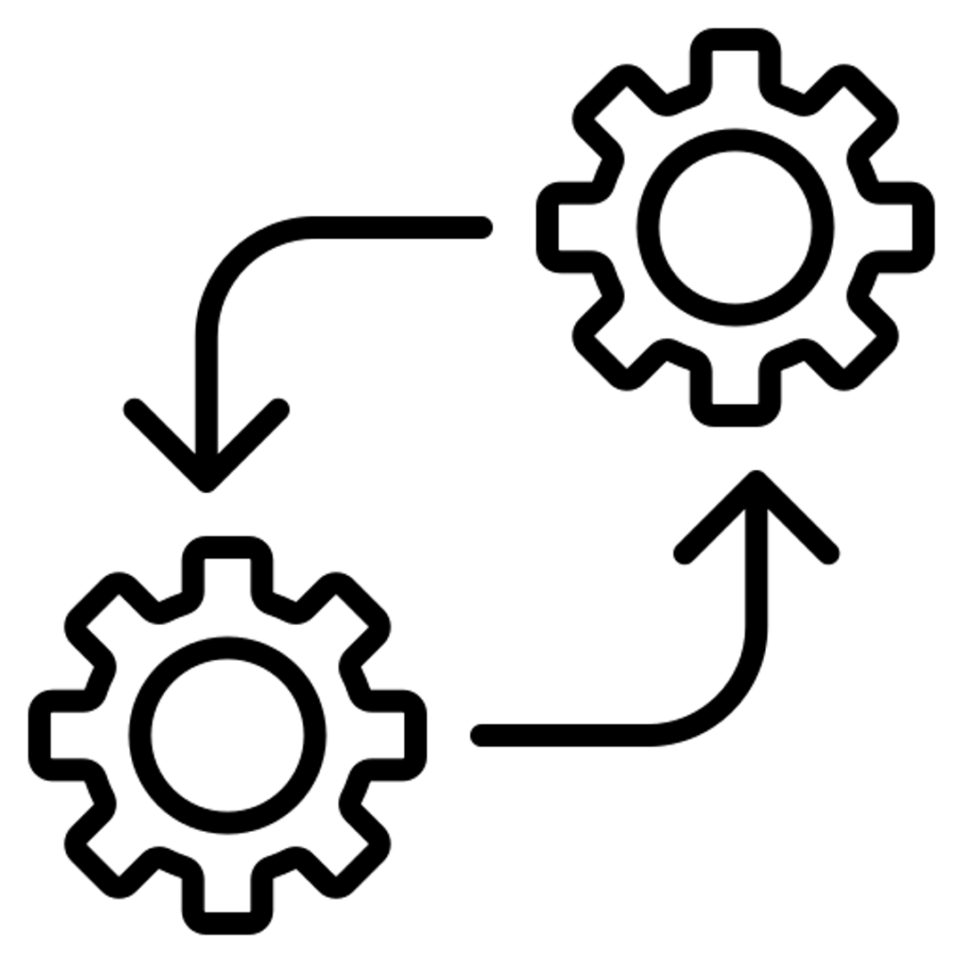 Black line art cogs and arrows