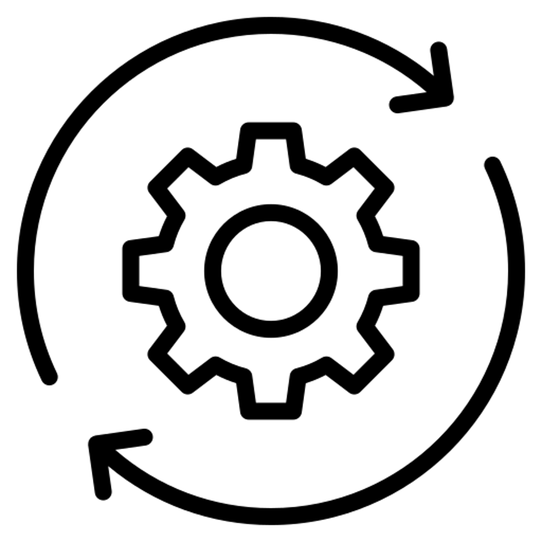 Black line art cog and arrows