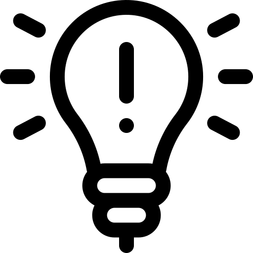 Black line art light bulb with exclamation mark