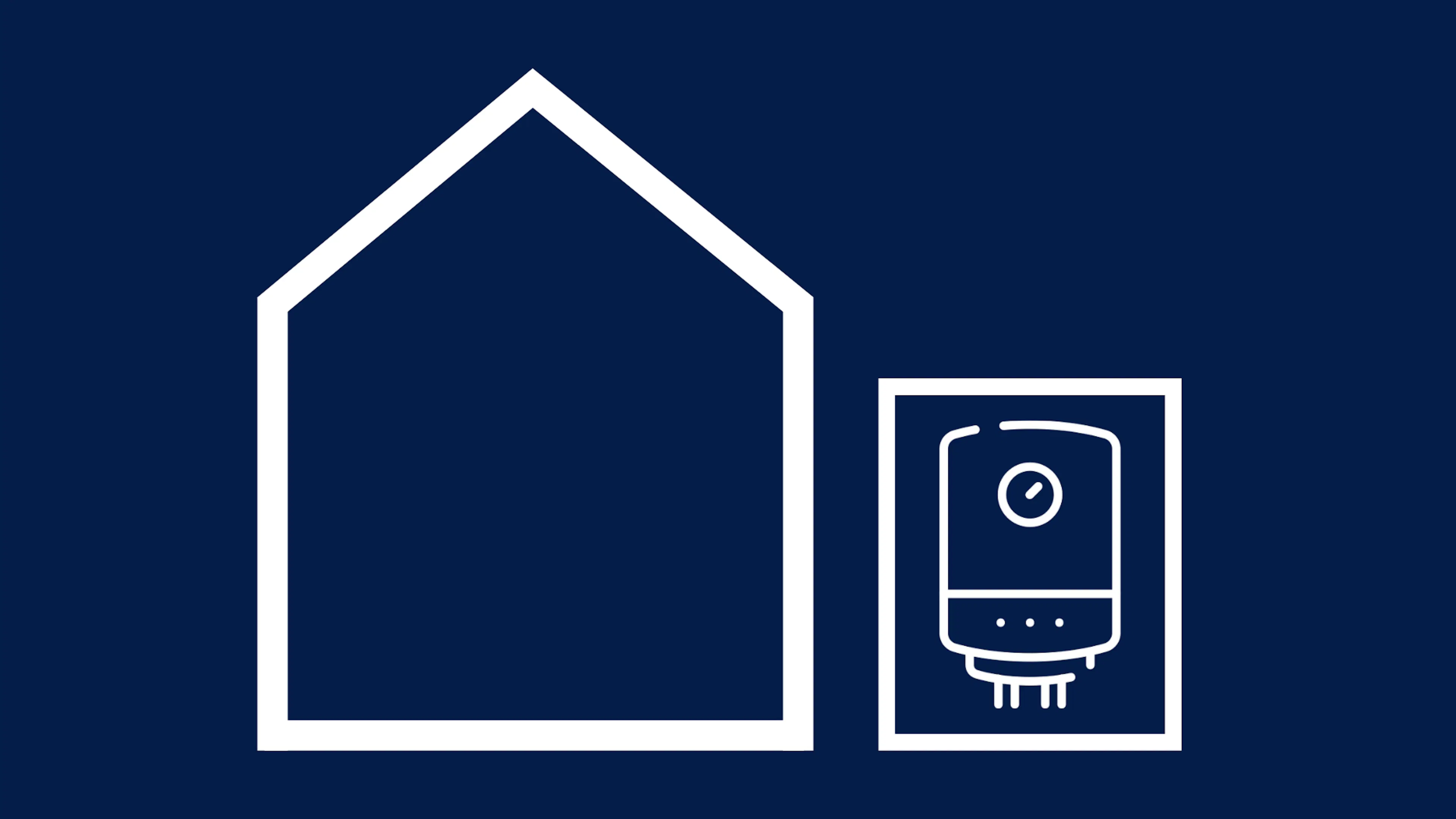 Gif with white lines on blue background including house, and external boiler