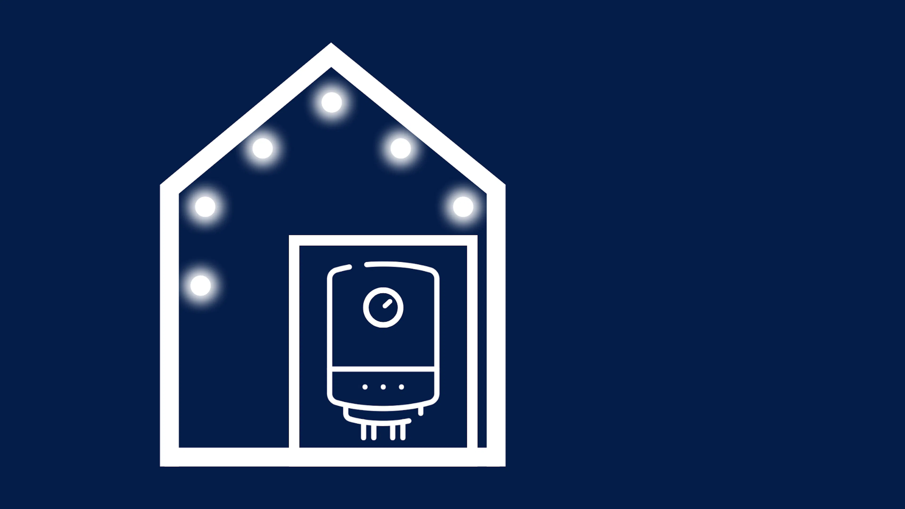 Gif with white lines on blue background including house, boiler and lights