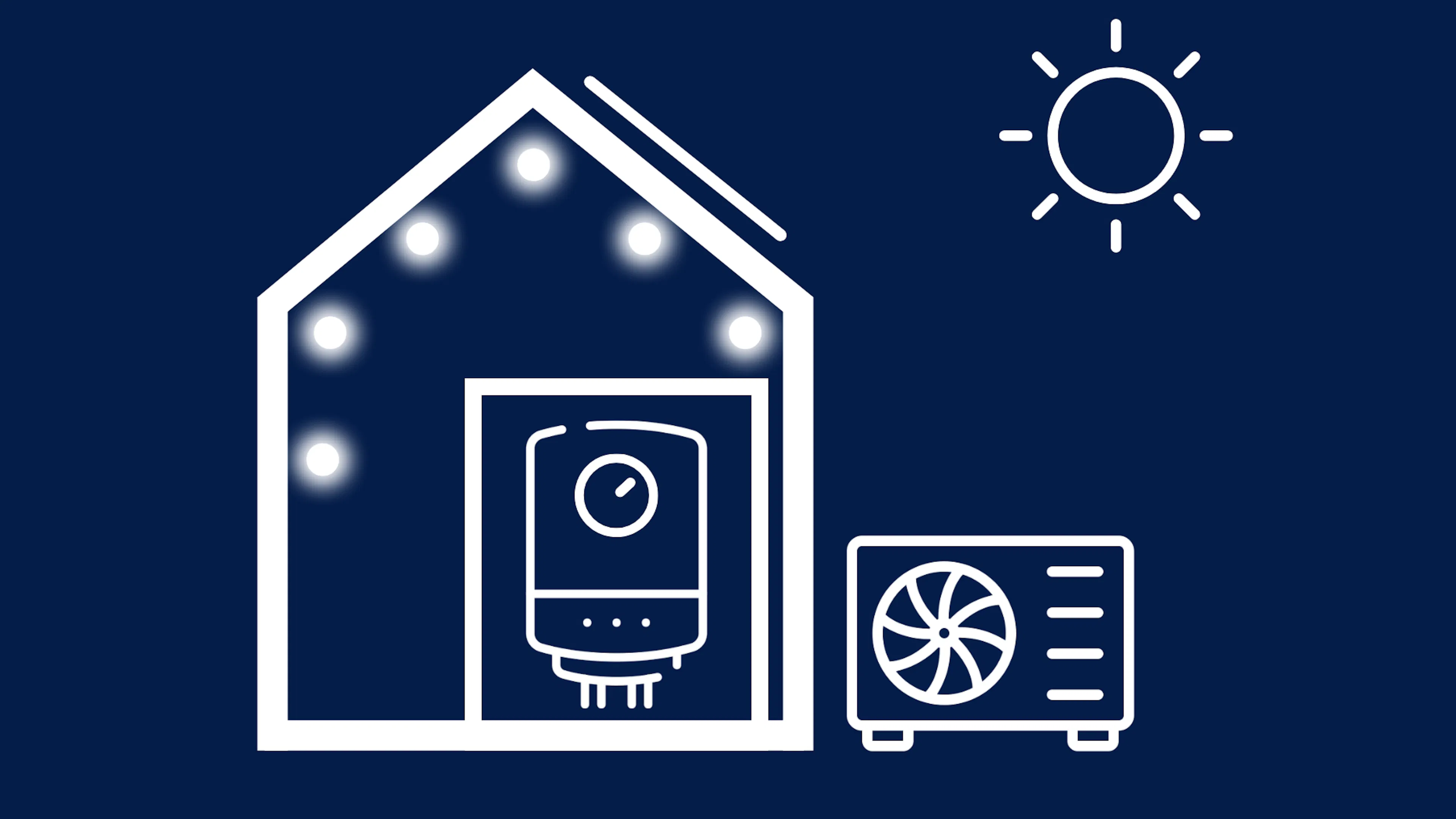 Gif with white lines on blue background including house, boiler, lights, airsource heat pump and solar