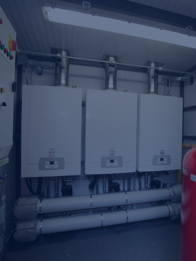 Refurbished plantroom with boilers, cylinder and control panel