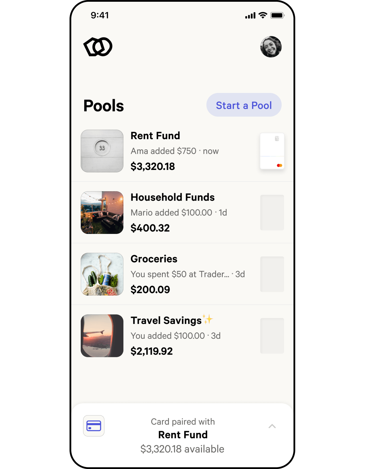 Screenshot of pools for shared expenses