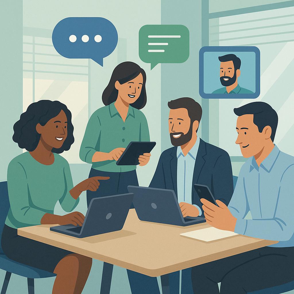 Four professionals—two using laptops, one on a tablet, and one on a smartphone—engaging in a collaborative meeting in a bright office, with chat bubbles and a video-call window symbolizing virtual communication.