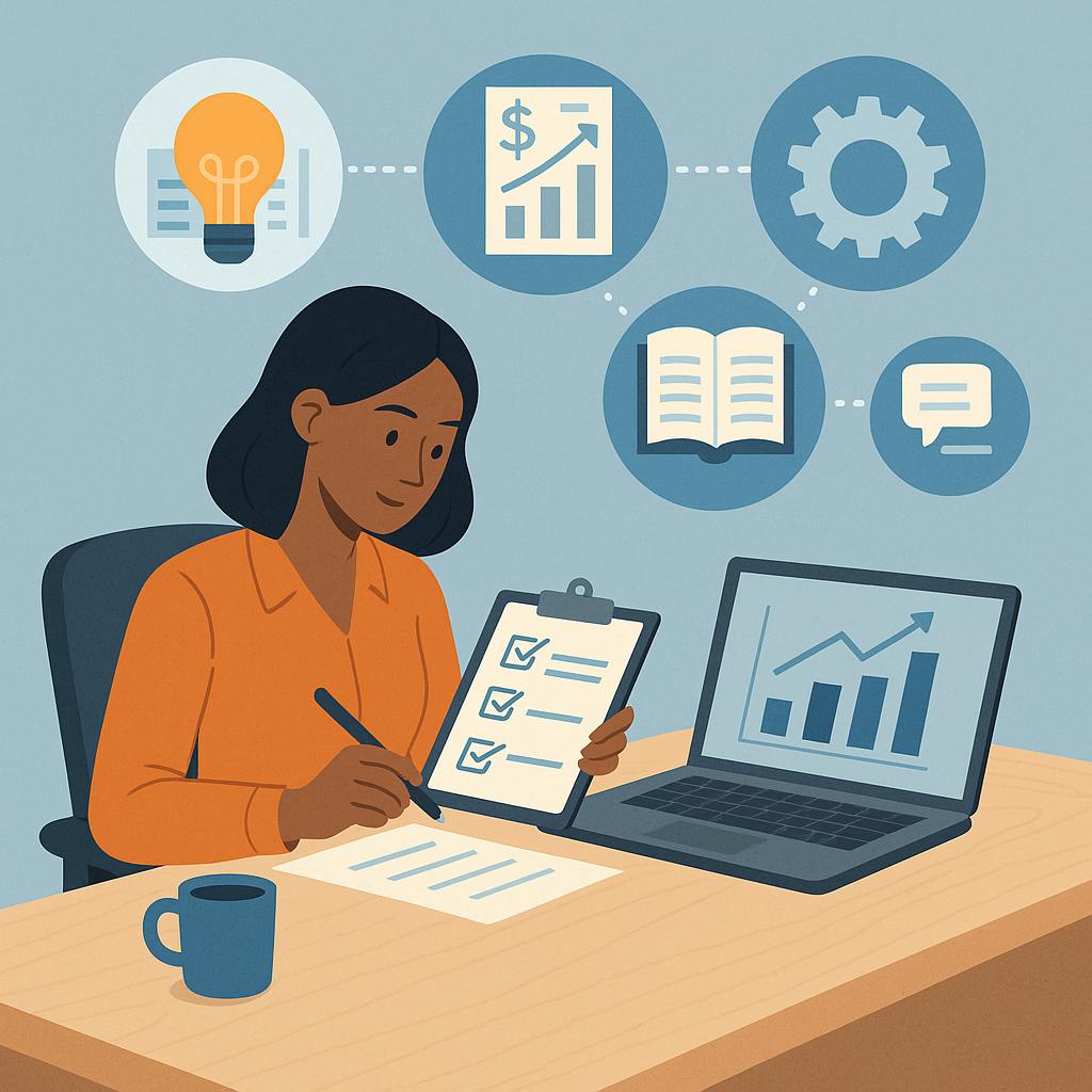 A professional woman at a desk reviews a checklist on a clipboard while referencing a laptop displaying a growth chart. Above her, connected icons of a lightbulb, bar graph with dollar sign, gear, open book, and chat bubble represent idea generation, budgeting, technical setup, training, and ongoing support.