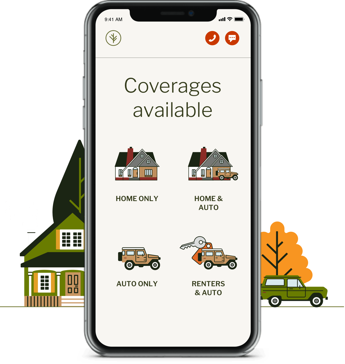 Cell phone showing Branch Insurance offering home, auto, renters and umbrella insurance packages